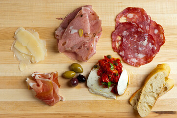 Charcuterie platter. Assortment on cured and salted deli meats and cheeses, pastrami, salami, prosciutto served with olives and dried fruits. Classic traditional party favorite.  