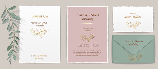 Naklejka premium Wedding invitation or greeting card and business card with gold geometrical frames, transparent light effects and wedding flowers. Golden brilliants elements and flowers isolated on background