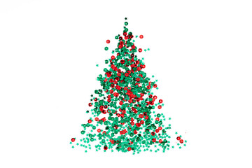 Christmas holiday composition. Xmas tree made of decorations on white background. Christmas, New Year, winter minimal concept. Flat lay, top view, copy space