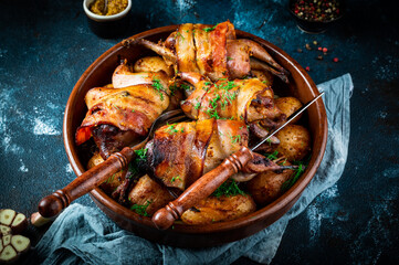 Tasty grilled quails carcasses on plate. Roasted quails on plate. Top view, flat lay. Roasted potato. Celebration dish. Christmas food. New Year food.