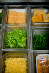 Restaurant kitchen ingredients. Cooking ingredients from a farmers markets, Fresh Fruits, vegetables, herbs and spices. Classic ingredients and garnishes used in restaurant cooking.