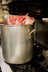 Restaurant kitchen ingredients. Cooking ingredients from a farmers markets, Fresh Fruits, vegetables, herbs and spices. Classic ingredients and garnishes used in restaurant cooking.