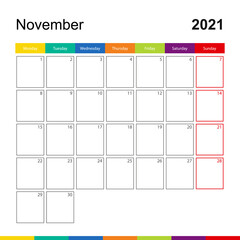 November 2021 colorful wall calendar, week starts on Monday.