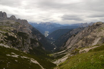 Hiking on the dramatic mountain ridges of Misurina and Drei Zinnen / Tre Cime di Lavaredo in the...