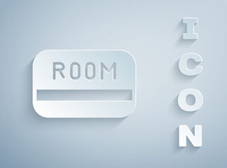 Paper cut Hotel key card from the room icon isolated on grey background. Access control. Touch sensor. System safety, protection. Paper art style. Vector.