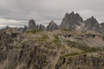 Hiking on the dramatic mountain ridges of Misurina and Drei Zinnen / Tre Cime di Lavaredo in the...