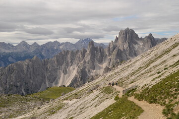 Hiking on the dramatic mountain ridges of Misurina and Drei Zinnen / Tre Cime di Lavaredo in the...
