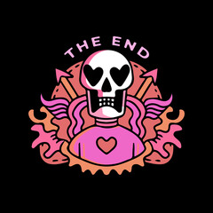 Cool skull wearing shirt with heart symbol, with the end typography, illustration for poster, sticker, or apparel merchandise.With tribal and hipster style.