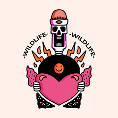 Cool skull with beanie in hype style holding a big heart, with wildlife typography, illustration for poster, sticker, or apparel merchandise.With tribal and hipster style.
