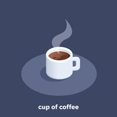 isometric vector image on black background, white cup of hot coffee