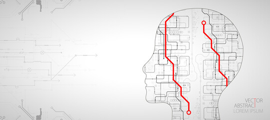 Obraz premium Artificial intelligence (AI) and big data concept. Machine cyber mind. Humen face with binary data flow. Technology vector background.
