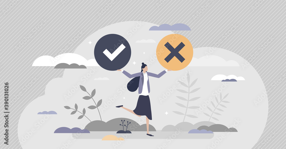 Poster choice between right and wrong decision and doubt dilemma tiny person concept