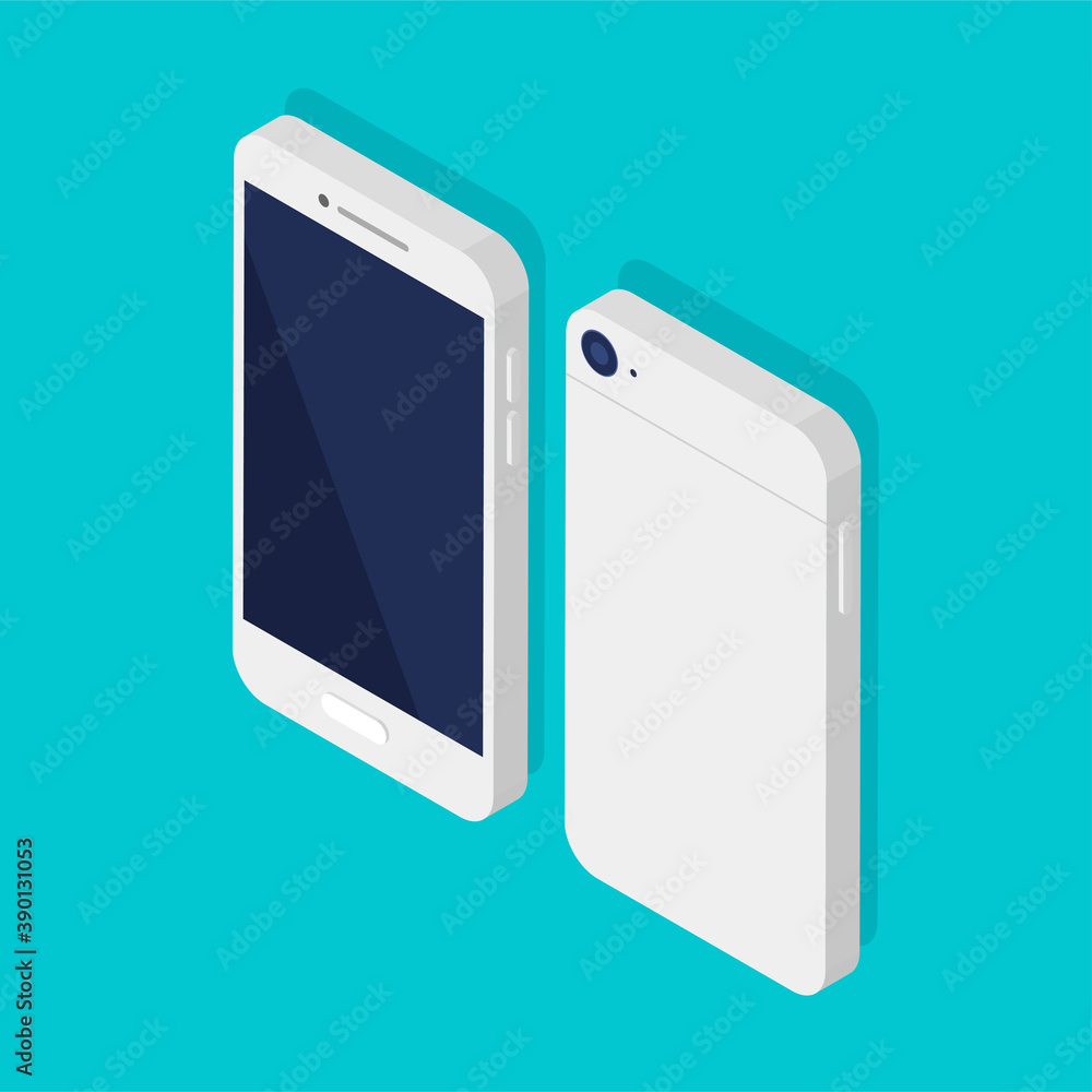 Poster isometric phone front and back side. smartphone black blank display template or mock up. smart techn