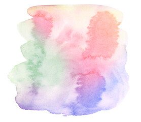 Polychrome watercolor spots in pastel colors with natural stains on a paper basis. Isolated frame for design hand-drawn by brush.