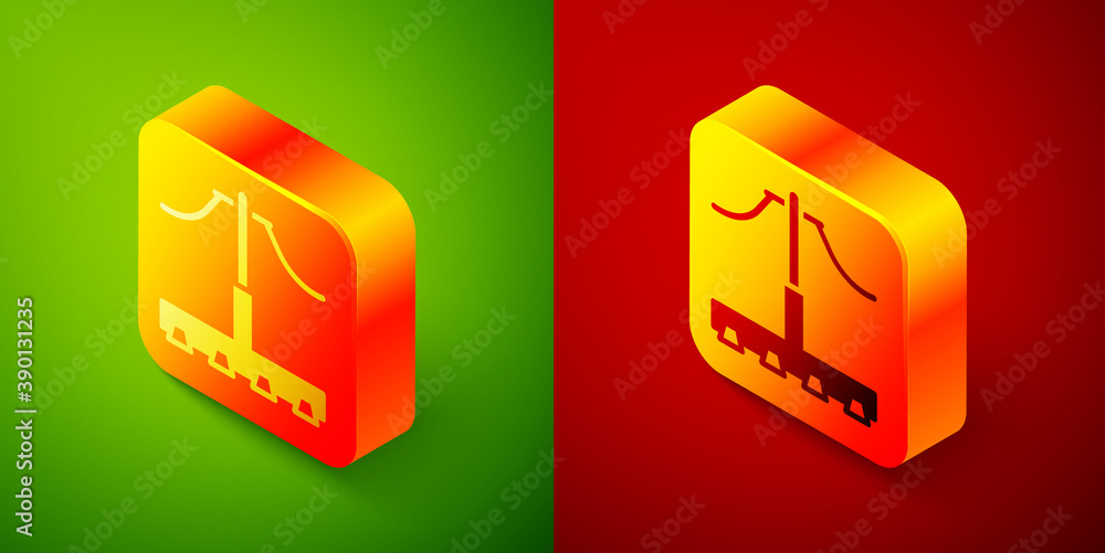 Poster isometric railway icon isolated on green and red background. railroad overhead lines. contact wire. 