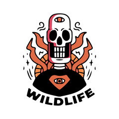 Cool skull and illumination symbol, with wildlife typography, illustration for poster, sticker, or apparel merchandise.With tribal and hipster style.