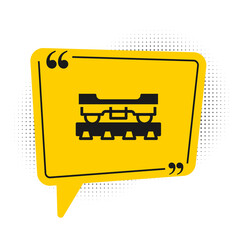 Black Cargo train wagon icon isolated on white background. Freight car. Railroad transportation. Yellow speech bubble symbol. Vector.
