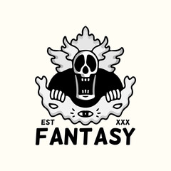 skull, eye, and flame in hipster style, with fantasy typography, illustration for poster, sticker, or apparel merchandise.With tribal and hipster style.