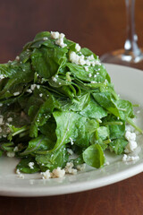 Garden salad. Classic American salad with iceberg lettuce, blue cheese dressing, red onions, bacon lardons, Parmesan cheese, olive oil, lemon juice, salt and pepper. A Fine dining restaurant classic.