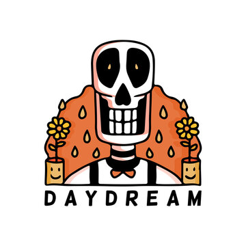 nerd skull and sunflower in hipster style, with daydream typography, illustration for poster, sticker, or apparel merchandise.With tribal and hipster style.