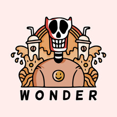 skull and coffee cup in hype style with wonder typography, illustration for poster, sticker, or apparel merchandise.With tribal and hipster style.