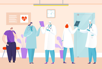 Doctor in hospital interior, health medicine clinic room with flat man woman, professional specialist vector illustration. Cartoon people nurse in uniform at corridor, client waiting for diagnosis.