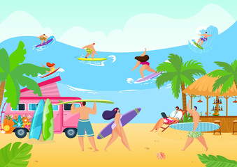 Fototapeta na wymiar Beach summer ocean with people group, vector illustration. Cartoon vacation at sea, flat man woman character surfing leisure. Young girl boy relax with surfboard at holiday travel, tropical sunbathe.