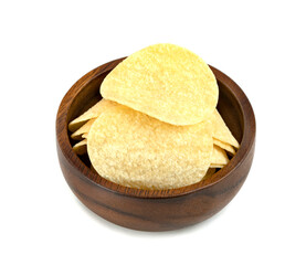 potato chips in wooden bowl isolated on white background