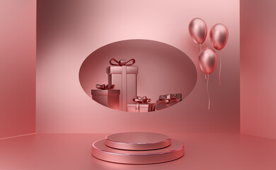 podium empty with geometric shapes and gift box in pink pastel composition for modern stage display and minimalist mockup ,birthday balloons and party or celebrations ,3d illustration or 3d render