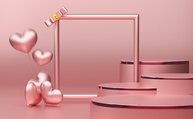 podium empty with heart balloon shapes in pink pastel composition for modern stage display and minimalist mockup ,birthday balloons and party or celebrations ,3d illustration or 3d render