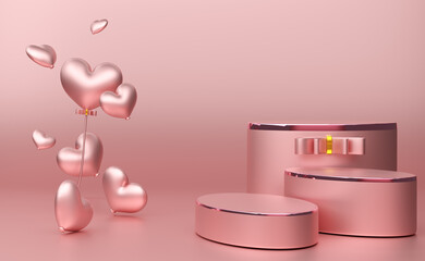 podium empty with heart balloon shapes in pink pastel composition for modern stage display and minimalist mockup ,birthday balloons and party or celebrations ,3d illustration or 3d render