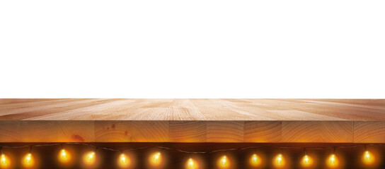 A Christmas beech wood tabletop product display with fairy, Christmas tree lights underneath it isolated on a white background.
