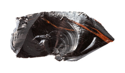 macro photography of sample of natural mineral from geological collection - raw mahogany Obsidian (volcanic glass) isolated on white background - obrazy, fototapety, plakaty