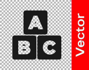 Black ABC blocks icon isolated on transparent background. Alphabet cubes with letters A,B,C. Vector.