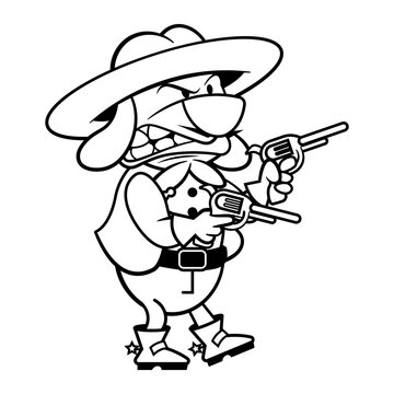 Funny Dog Cartoon Characters wearing cowboy hat and boots as a sheriff, get ready to shooting with revolver gun, best for coloring book of children with western themes