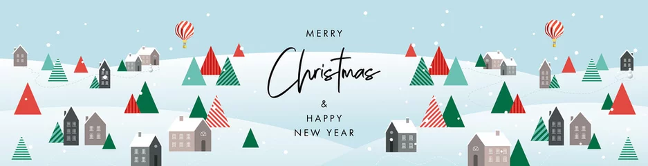 Foto op Plexiglas Merry Christmas and Happy New Year banner. Modern Xmas geometric design with winter landscape with village houses, forest in green, red, white colors. Horizontal poster, greeting card, header for web © Tanya