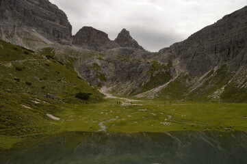 Hiking around the dramatic and beautiful Tre Cime / Drei Zinnen mountains in Lavaredo Dolomites in...