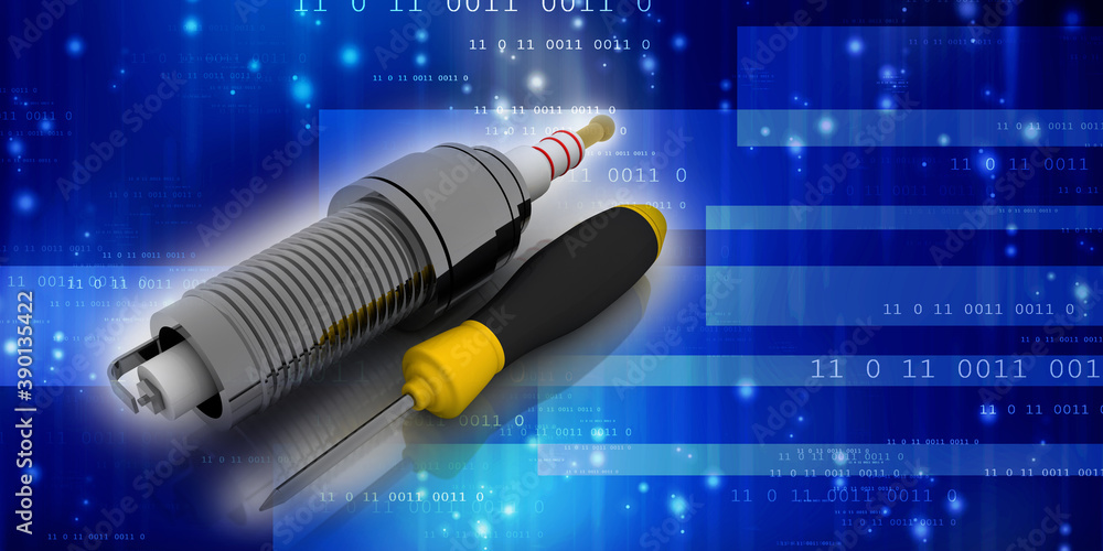 Poster 3d rendering technology spark plug with screw driver