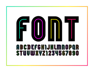 Trendy black font, modern striped alphabet, letters and numbers, vector illustration 10eps