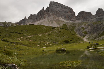 Hiking around the dramatic and beautiful Tre Cime / Drei Zinnen mountains in Lavaredo Dolomites in...