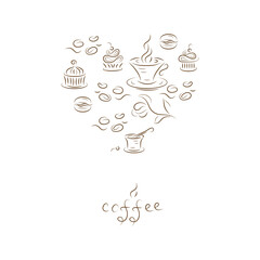 Vector collection of coffee and sweets. Desserts elements in heart shape.