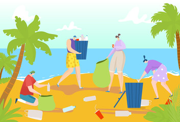 Environment plastic pollution, vector illustration. Garbage waste at ecology nature, people pick up cartoon trash. People character cleaning ocean beach from rubbish, woman man eco volunteer.