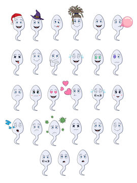big set with cartoon sperm emoticons. isolated emoji on white background. stock illustration