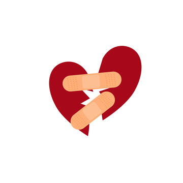 Vector isolate flat design of Brocken hearts icons and symbols in red color with wound, patches, stitches, Adhesive plaster and bandages isolated in white background. Idea for Valentine’s Day card