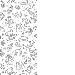 Hand drawn doodle template of pet shop. Dog accessories elements: doghouse, leash, bone, care elements ets. Sketch style vector stock illustration with space for text isolated on white background.