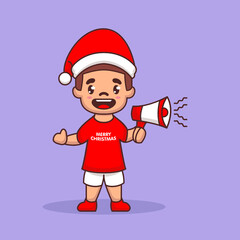 Cute kid with Christmas costume holding megaphone