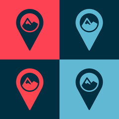 Pop art Map pointer with mountain icon isolated on color background. Mountains travel icon. Vector.