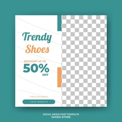 Editable square banner template with green and yellow shape and abstract line background. Shoes store square banner vector design. Usable for social media post, story and web internet ads.