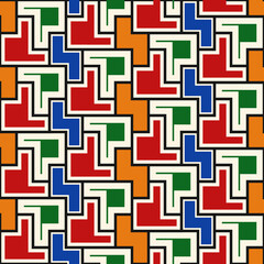 Repeated color puzzle mosaic abstract background. Seamless surface pattern design with simple geometric ornament. Modern style surface texture. Digital paper for textile print, page fill. Vector art.