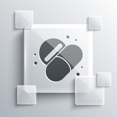 Grey Medicine pill or tablet icon isolated on grey background. Capsule pill and drug sign. Pharmacy design. Square glass panels. Vector.